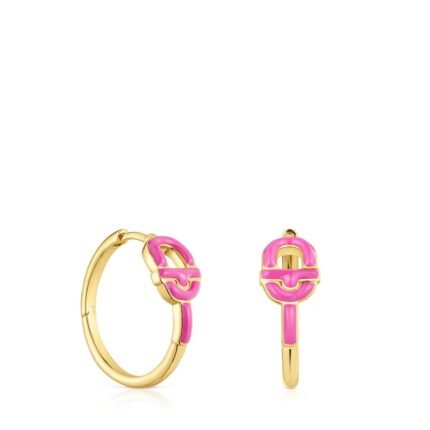 Alloy TOUS Bear Earrings Spanish Style Fashion Jewelry Short Hoop Earrings With 18kt Gold Plating Over Silver And Fuchsia-Colored Motif Tous Manifesto