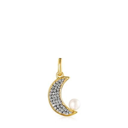 Silver TOUS Nocturne half-moon Pendant in Silver Vermeil with Diamonds and Pearl