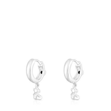Silver Bold Bear Hoop earrings with onyx and bear charm.TOUS Silver