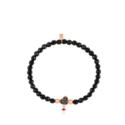 Rose-plated silver TOUS motif bracelet with spinels and faceted onyx. Heart motif.TOUS Silver
