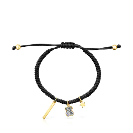 Nocturne Bracelet in Silver Vermeil with Diamonds and black Cord.TOUS Silver