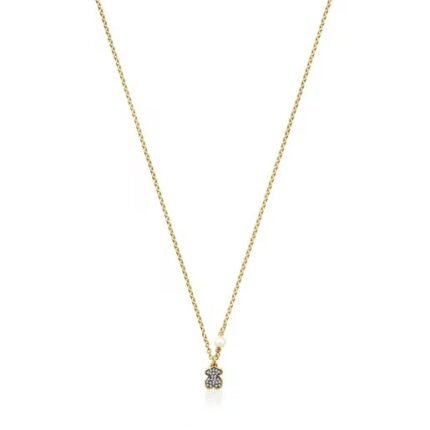 TOUS Silver.Nocturne bear Necklace in Silver Vermeil with Diamonds and Pearl